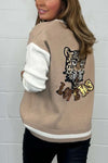 Women's Camel & Cream Baseball Style Cardigan With Sequin Cheetah Detail