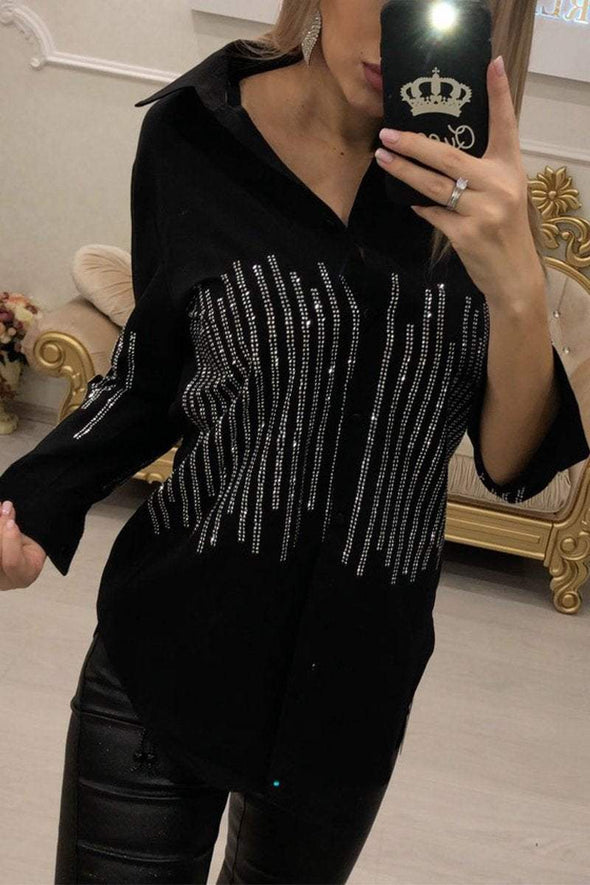 Women's Casual Lapel Single-breasted Rhinestone Shirt