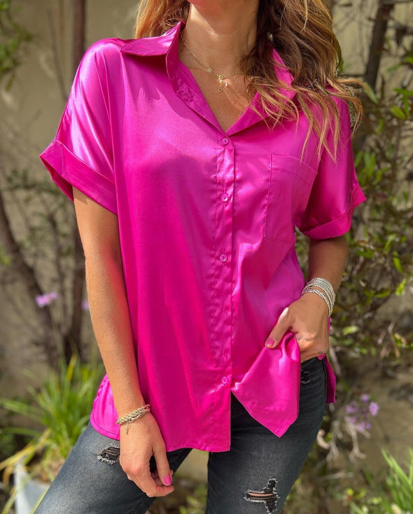 Women's Casual Solid Color Button Front Satin Blouse