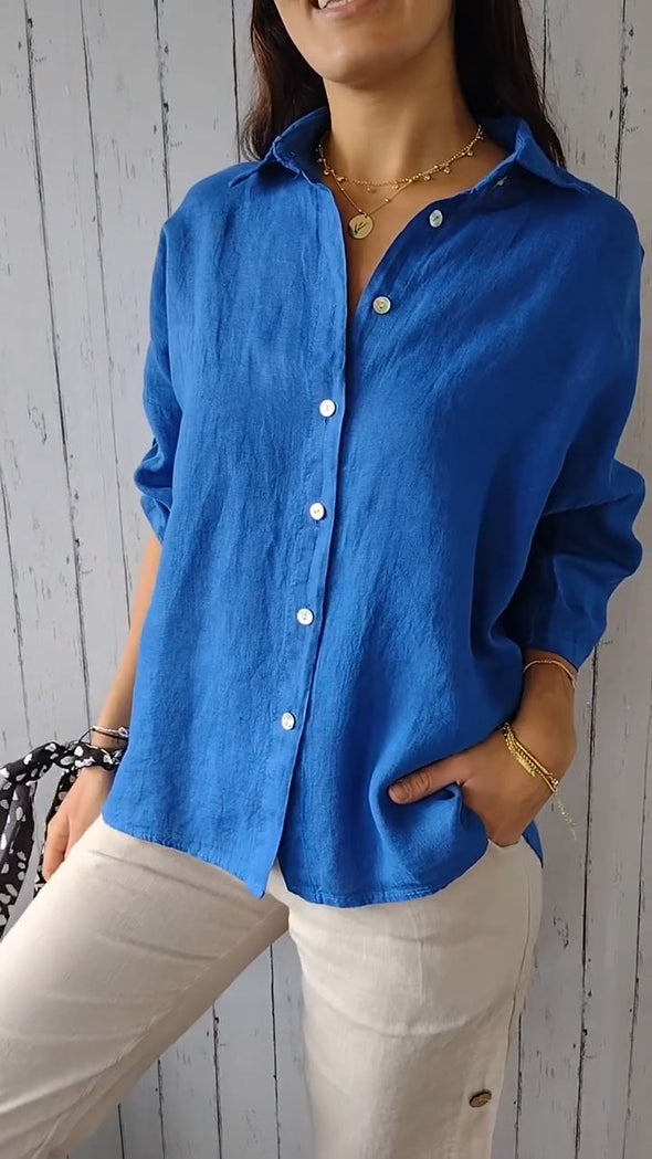 Women's Solid Color Button-down Cotton Linen Blouse Cardigan Shirt