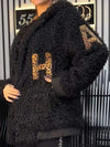 Women's Leopard Print Plush Long Sleeve Hooded Coat