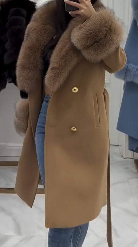 Women's Furry Long Coat with Large Lapel and Ties