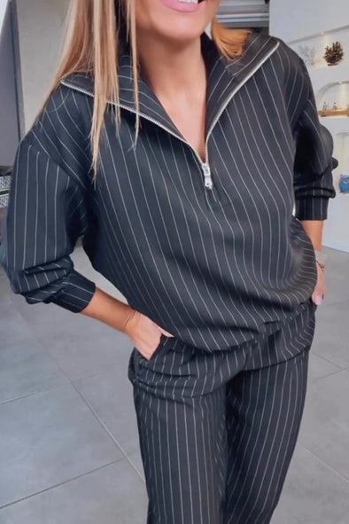 Women's Casual Striped Lapel Track Pants Suit