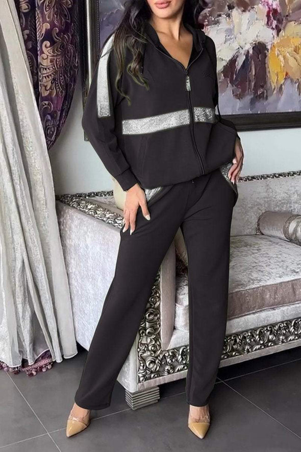 Women's Long-sleeved Hooded Zipper Top Two-piece Set