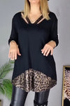 Women's Casual V-neck Hollow Hem Leopard Print Patchwork Top