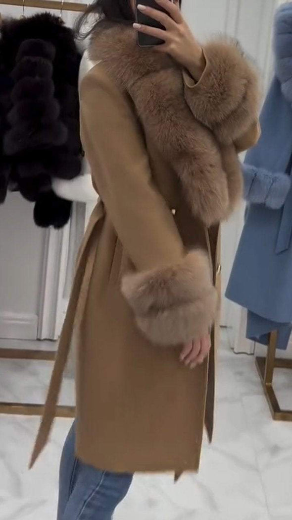 Women's Furry Long Coat with Large Lapel and Ties