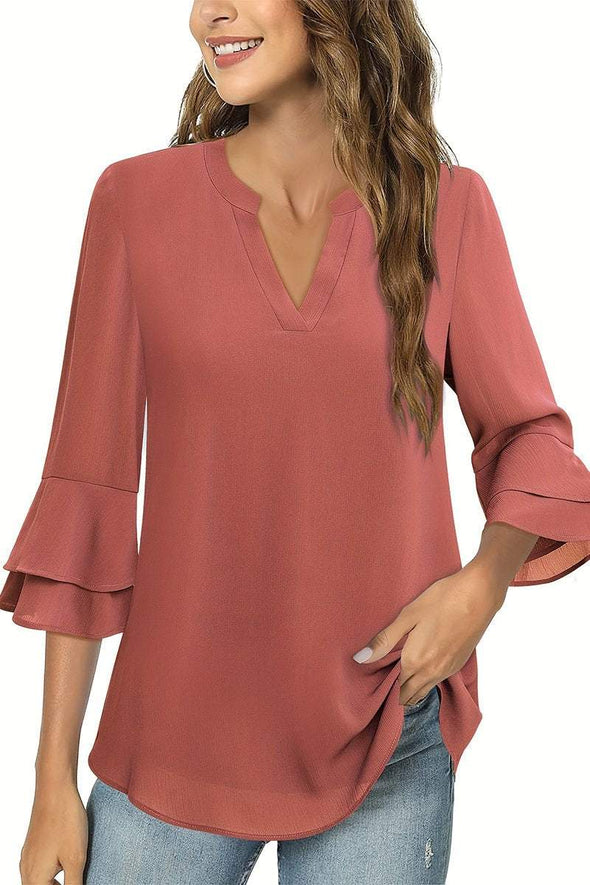 Women's Casual V-neck Solid Color Chiffon T-shirt