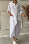 Half button lapel cotton and linen dress