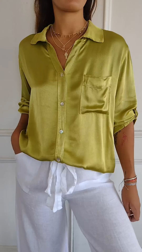 Satin Long Sleeve Top Shirt with Pocket