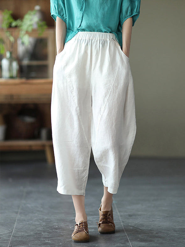 Art Loose Patchwork Solid Color Cotton Linen Elastic Waist Haren Pants