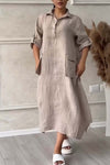 Half button lapel cotton and linen dress