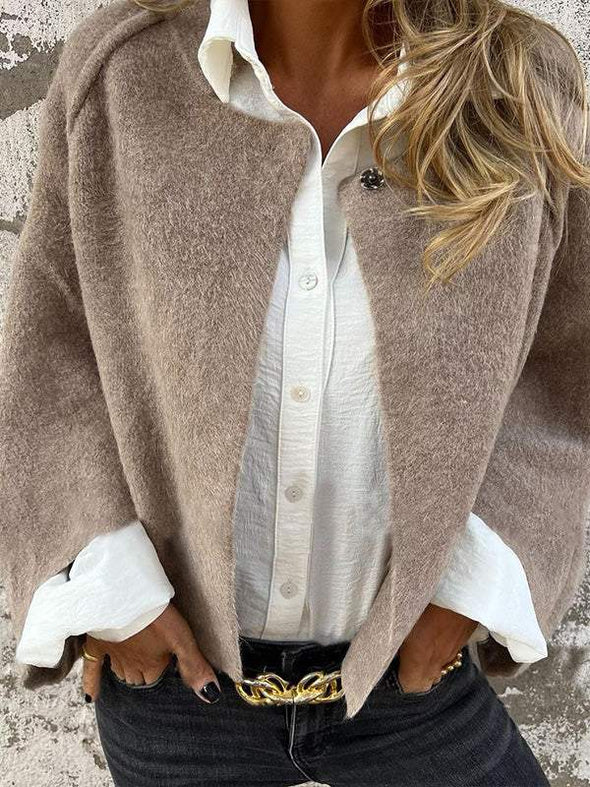 Women's Round Neck Woolen Long Sleeve Coat