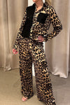 Women's Fashion Sequin Patchwork Leopard Print Top and Pants Two-Piece Set