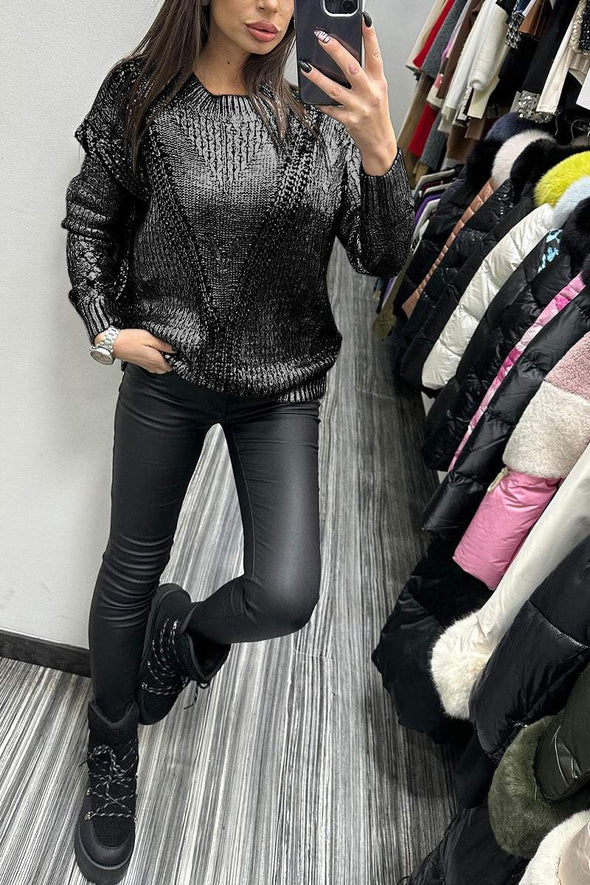 Women's Casual Round Neck Metallic Knitted Sweater