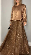 Women's Round Neck Satin Top + Sequined Skirt Set