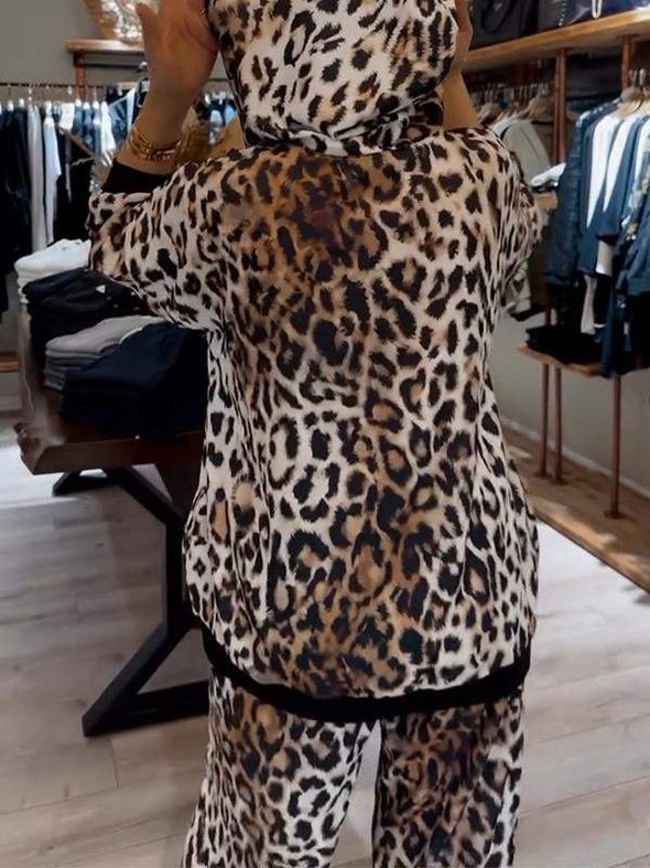 Women's Casual Hooded Leopard Print Two-piece Suit