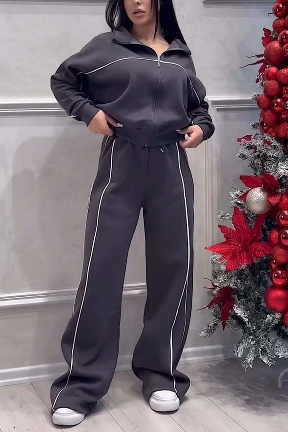 Women's casual sports zipper jacket wide leg pants suit