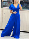 Ruffled flying sleeves waisted wide-leg denim jumpsuit