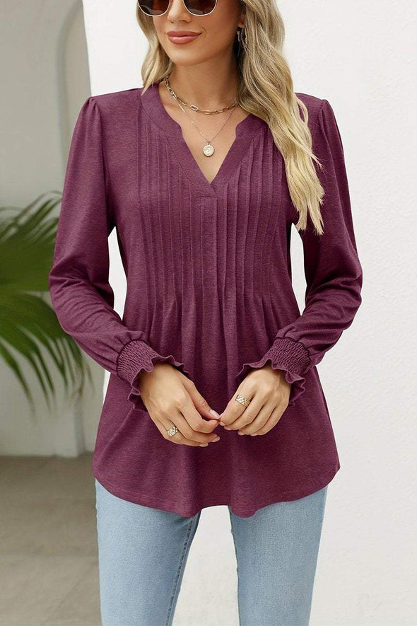 Women's Casual V-neck Solid Color Long-sleeved T-shirt