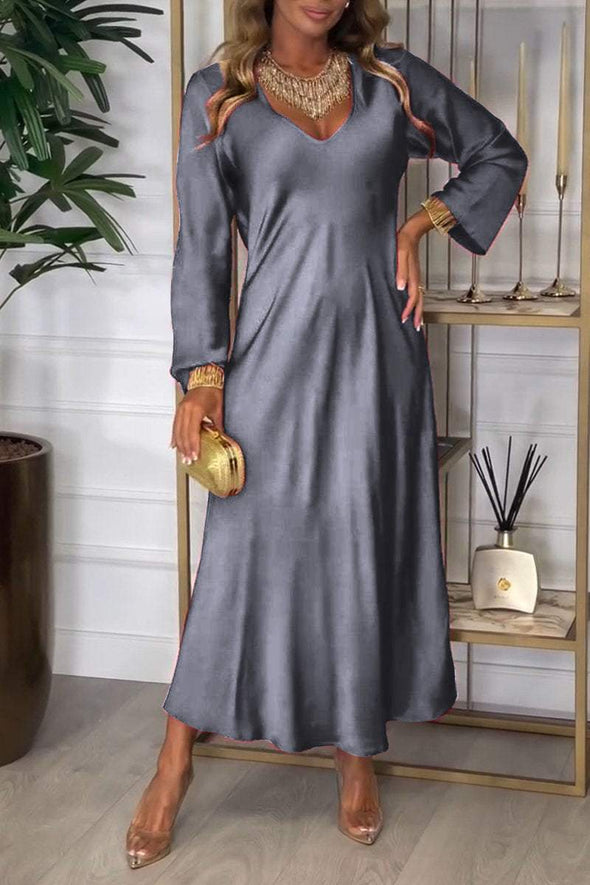 Women's V-neck Long-sleeved Satin Dress