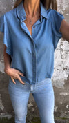 Women's Ruffled Sleeve Lapel Shirt Cotton Linen Blue Shirt