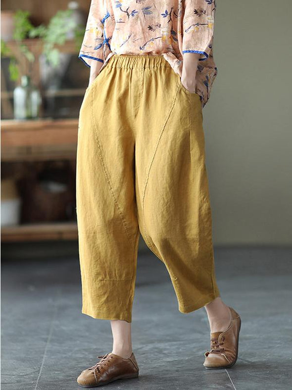 Art Loose Patchwork Solid Color Cotton Linen Elastic Waist Haren Pants