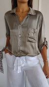 Satin Long Sleeve Top Shirt with Pocket