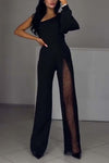 Women's fashionable and sexy sloping shoulder high slit jumpsuit