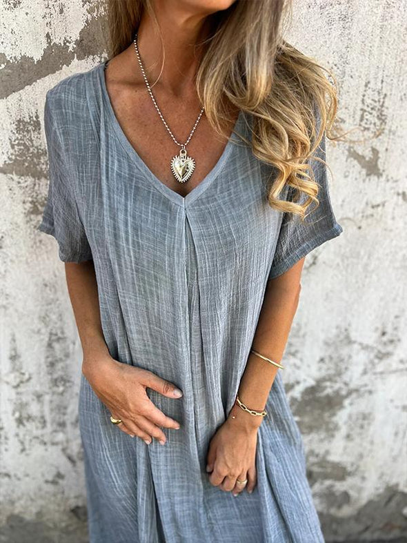 Cotton and Linen V-neck Midi Dress