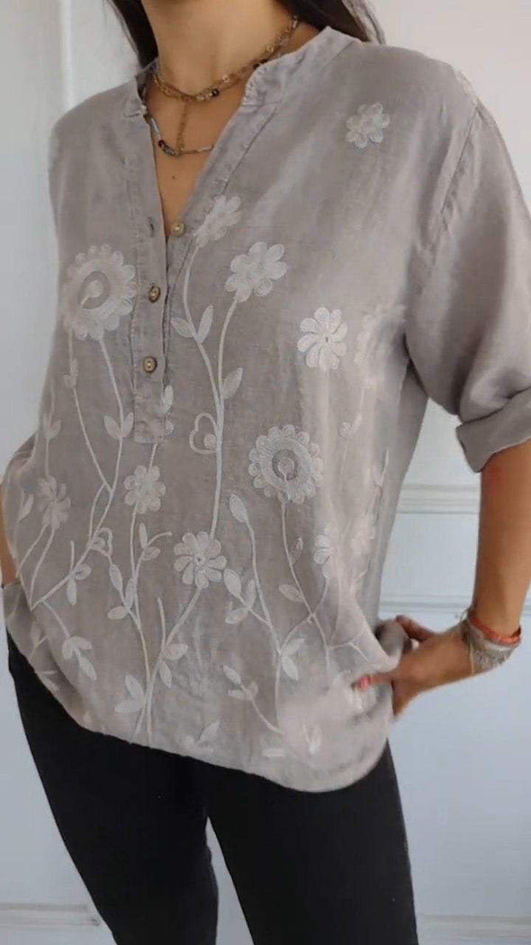 Women's V-neck Floral  Cotton and Linen Casual Top