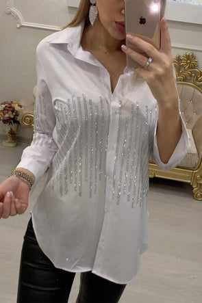 Women's Casual Lapel Single-breasted Rhinestone Shirt