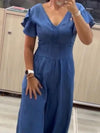 Ruffled flying sleeves waisted wide-leg denim jumpsuit