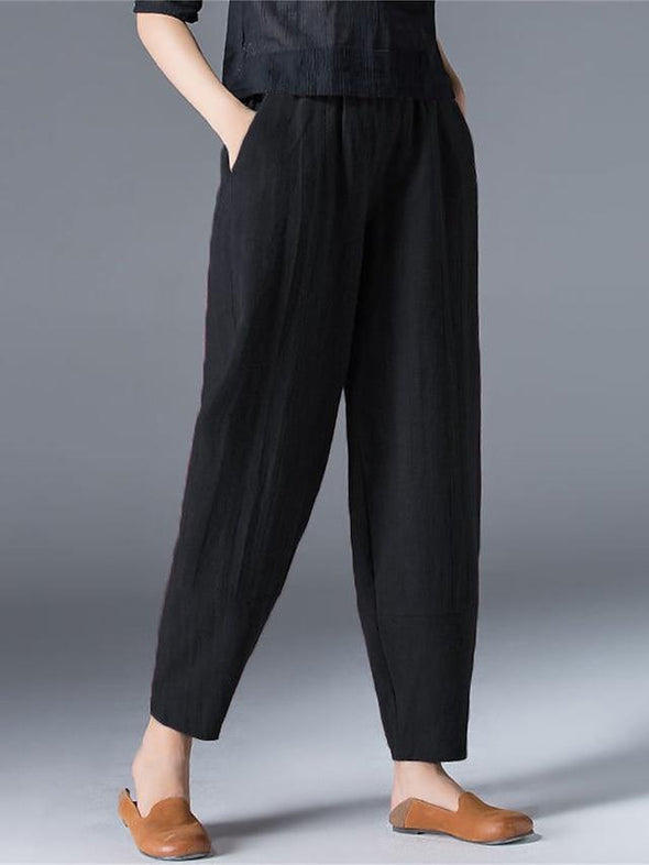 Women's Slacks Baggy Cropped  Ankle-Length Linen Pocket Elastic Mid Waist Pants