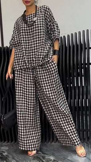 Women's Round Neck Mid-length Sleeve Plaid Print Casual Two-piece Suit