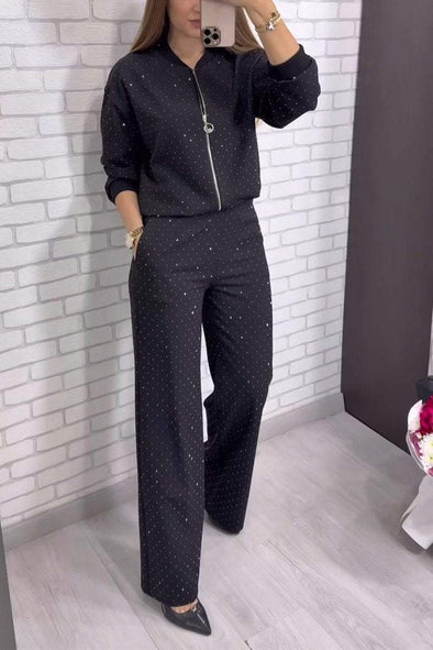 Women's Casual Round Neck Zipper Shiny Two-piece Suit