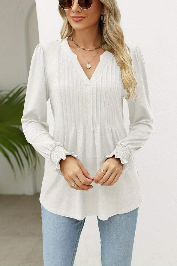 Women's Casual V-neck Solid Color Long-sleeved T-shirt