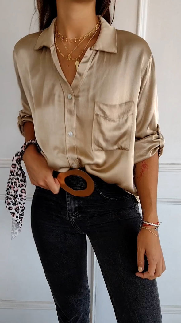 Satin Long Sleeve Top Shirt with Pocket