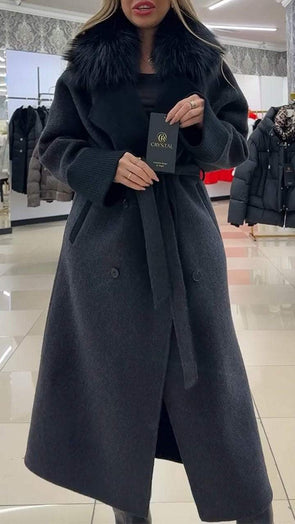 Women's Lapel Fur Stitching Fashion Long Warm Coat