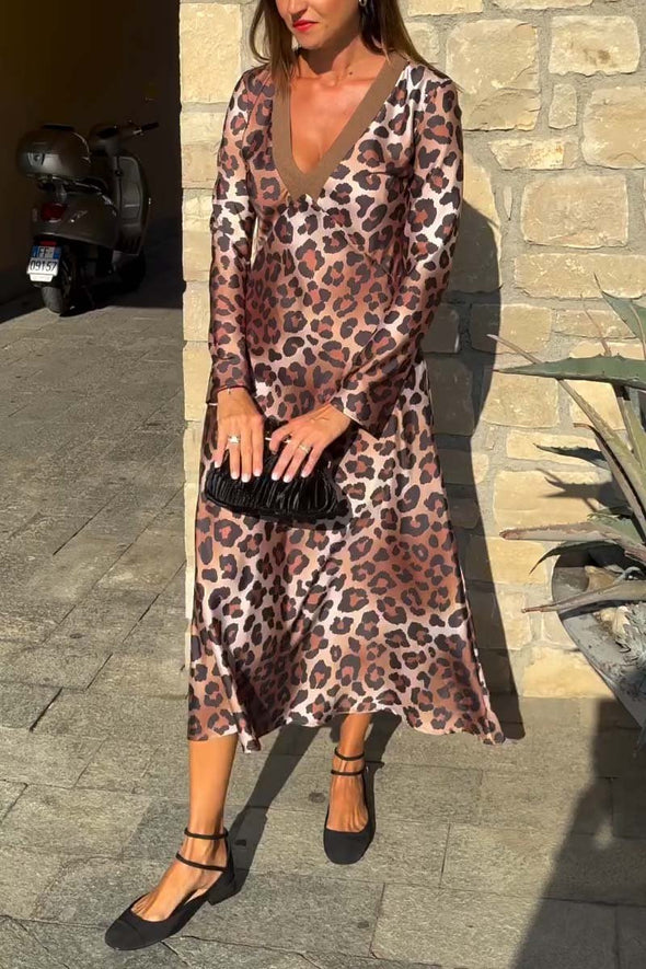 Women's Elegant Leopard Print V Neck Long Sleeve Dress