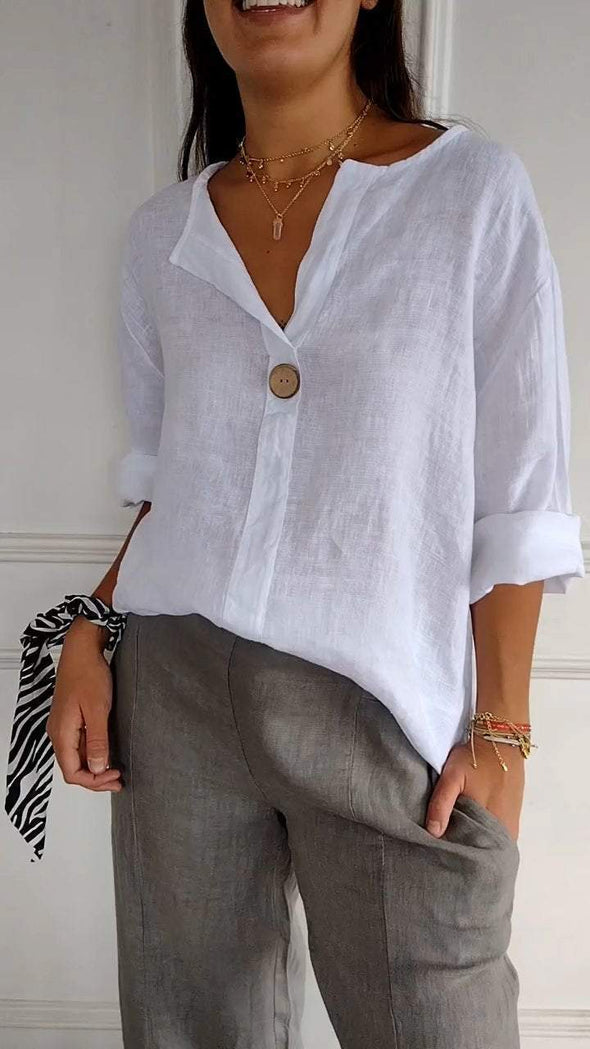 V-neck Mid-sleeve Cotton and Linen Top