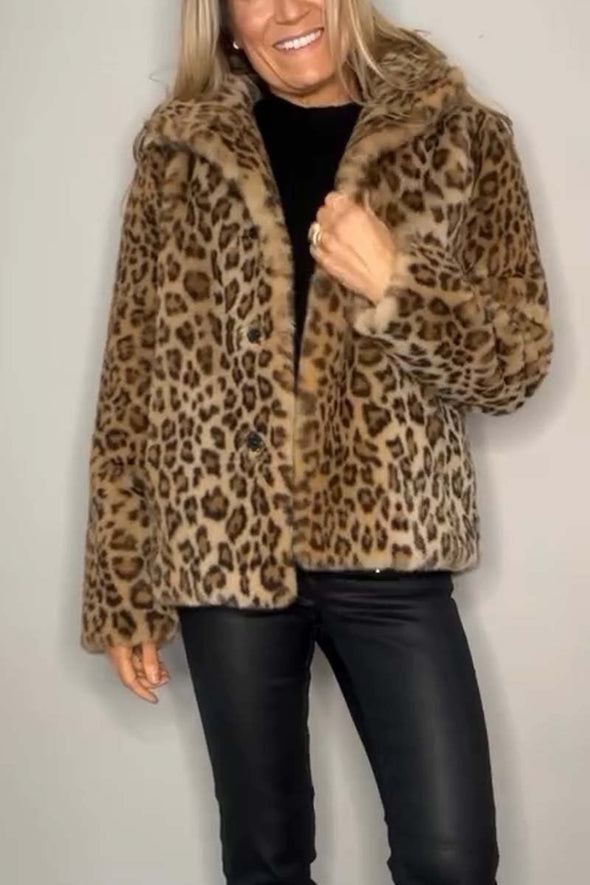 Women's Fashionable Leopard Lapel Faux Fur Winter Coat