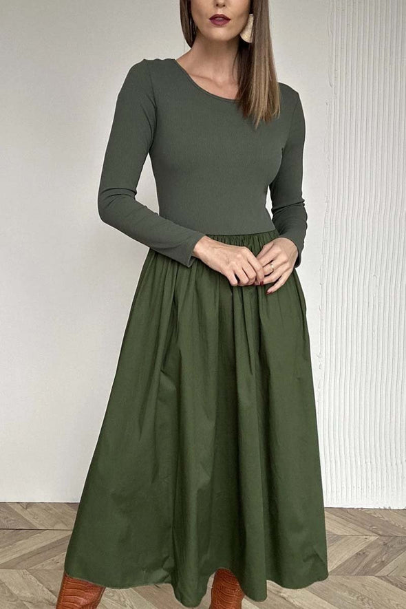 Women's solid color long sleeve knitted patchwork pleated dress