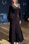 Women's Elegant V-neck Sparkling Velvet Puff-sleeved Long Dress