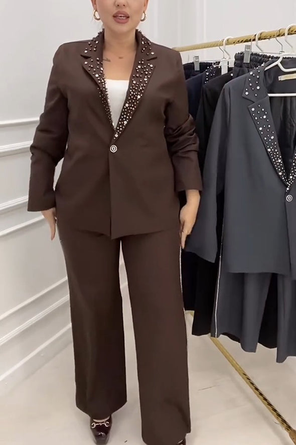 Women's Elegant Lapel Diamond Embellished Suit Commuter Suit