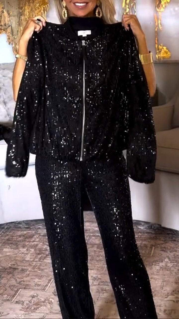 Women's Round Neck Zipper Sequin Top + Trousers Casual Suit