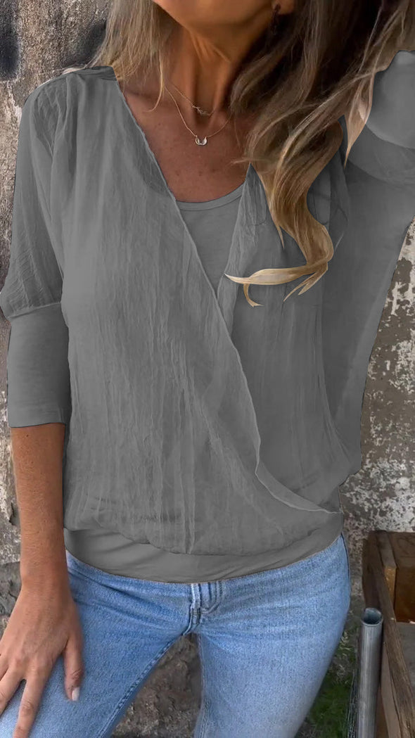 Solid Color Round Neck Mid-sleeve Top