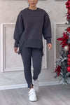 Women's Casual Solid Color Round Neck Long Sleeve Slit Hem Sweatshirt Leggings Set