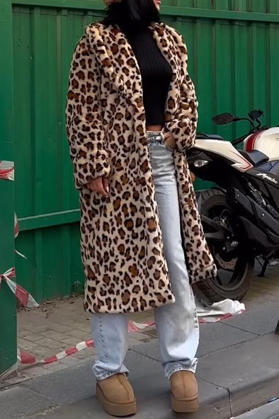 Ladies casual warm lapel leopard print coat