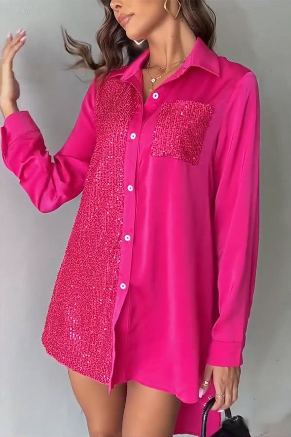 Women's Casual Lapel Sequined Long Shirt