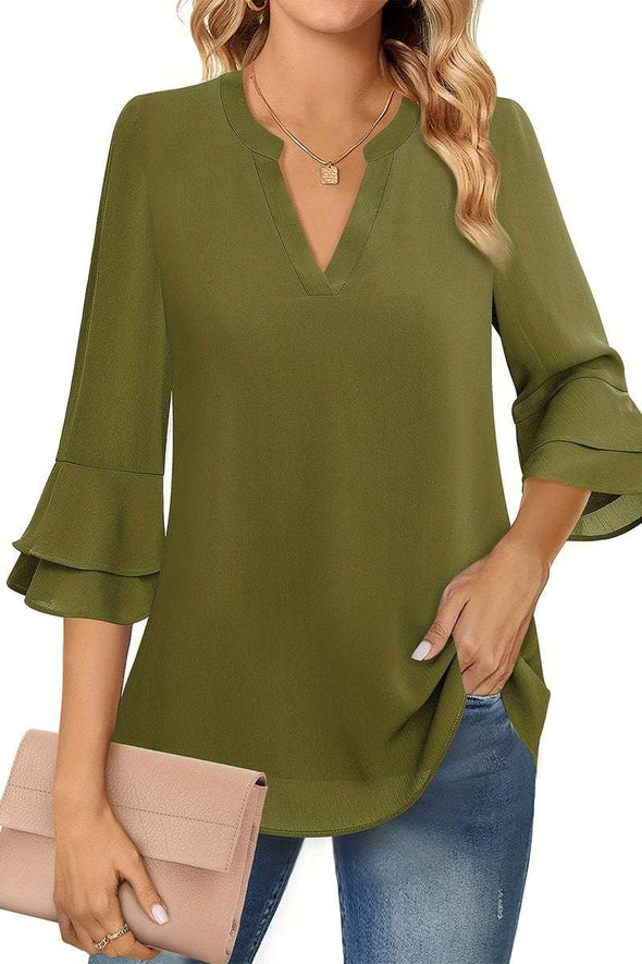 Women's Casual V-neck Solid Color Chiffon T-shirt